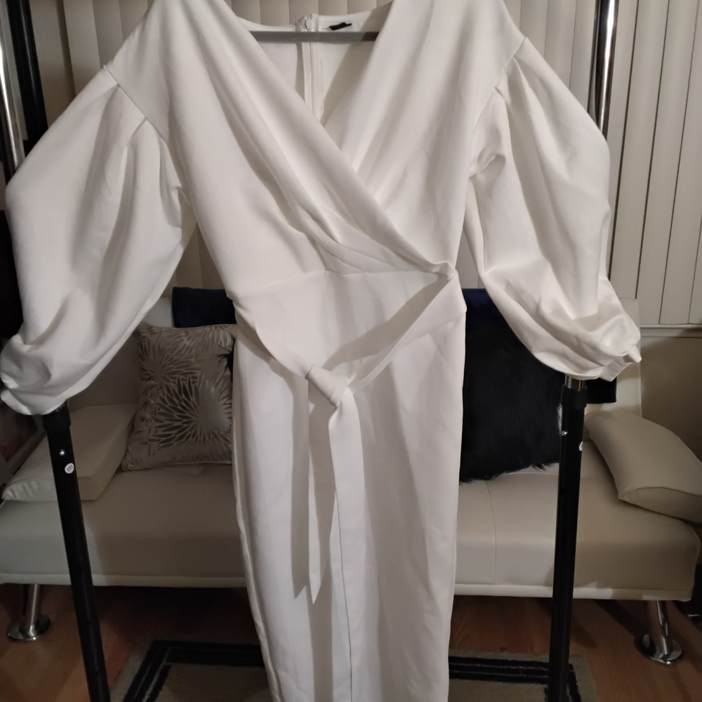 New SHEIN White Wrap Tie Front Bishop Sleeve Dress